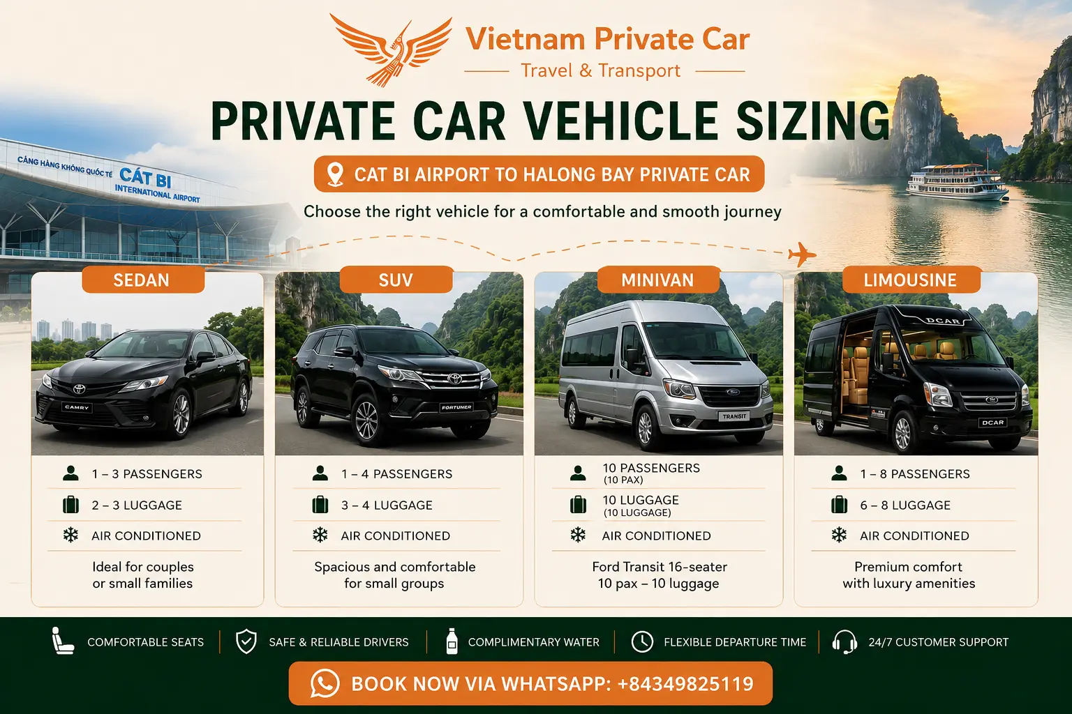 Cat Bi Airport to Halong Bay Private Car Vehicle Sizing
